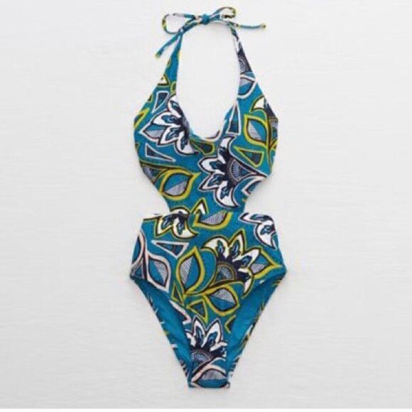 Aerie Blue Halter Cut Out One Piece Swimsuit 9959 - Picture 2 of 10